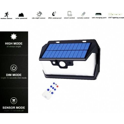 55 LED 900lm Solar Light remote control radar smart Powered Lamp usb port outdoor street garden patio lantern wall