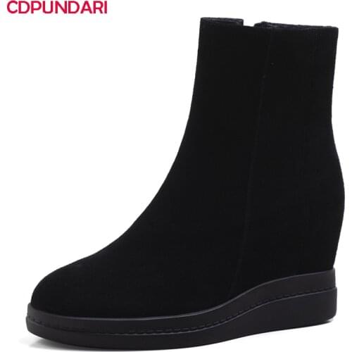 Black Genuine Leather Wedges Ankle Boots Women Autumn Winter Stealth High Heels Platform Boots Shoes Bottes Plateforme Femme