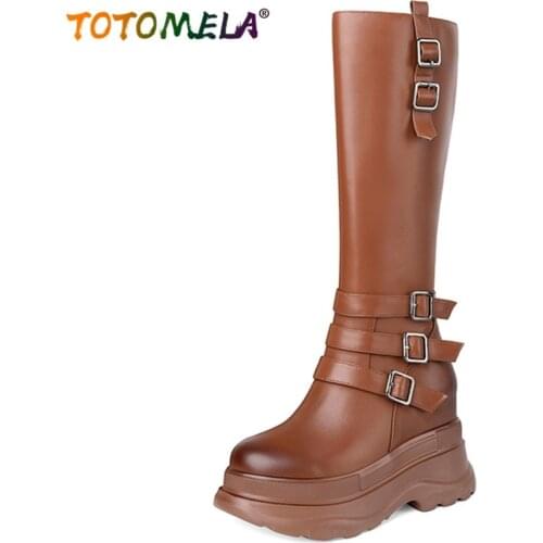 TOTOMELA New Arrive Zipper Buckle Women Winter Shoes Popular Fashion High Heels Platform Boots Cow Leather Retro Knee High Boots
