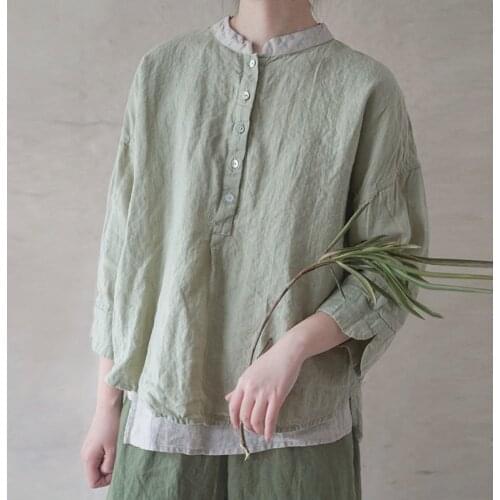 Johnature Women Vintage Linen Shirts And Tops Solid Color 2021 Summer New Patchwork Button Original Female Blouses Loose Shirts