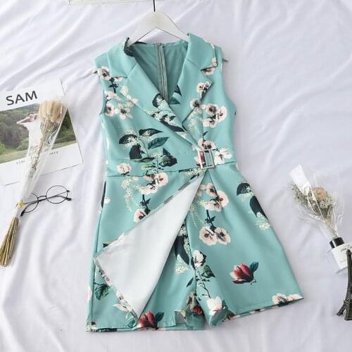 Abrini 2021 Summer Lapel Sleeveless Rompers Women Playsuits Lady Floral Printed Jumpsuits With Sashes Cloth Female Playsuit