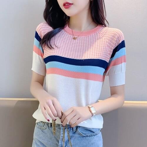 Women Spring Autumn Style Knitted Sweater Pullovers Lady Casual Striped Printed O-Neck Short Sleeve Pullovers Tops ZZ0037