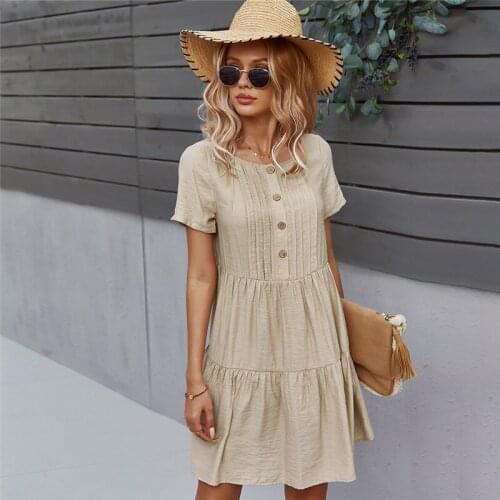 Spring New Solid Short Dress Women 2021 Casual O Neck Button Summer Dress Ladies Loose Short Sleeve A Line Dresses