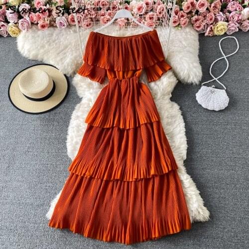 Maxi Dresses for Women Pleated Summer Cascading Ruffled Chic Design High Quality Clothing Women Sexy Dress Vestido Feminino 2021