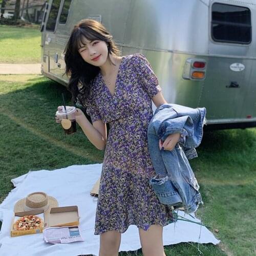 Summer Floral Chiffon Sress Korean Fashion Short Sleeve Casual Mini Dress Women Vintage Holiday Beach Dresses Vestidos