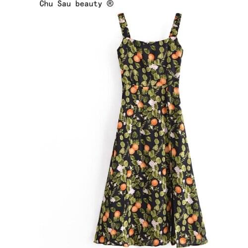 2021 New Summer Vintage Square Neck Fruit Print Slim Slit Dress Wide Strap Midi Dress For Woman