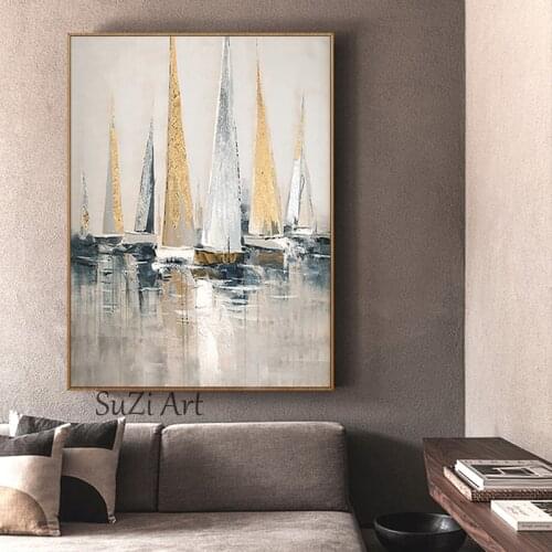 100% Handpainted Oil Painting On Canvas Color Sea Boat Oil Painting Abstract Modern Canvas Wall Art Living Room Decor Picture