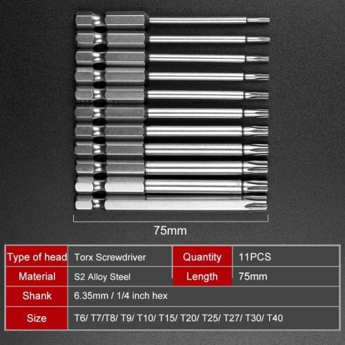 HOEN 11pcs 75mm Length Magnetic Torx Screwdriver Bits Set Electric Screw Driver T6-T40 S2 Steel Screwdrivers Kit Hand Tools