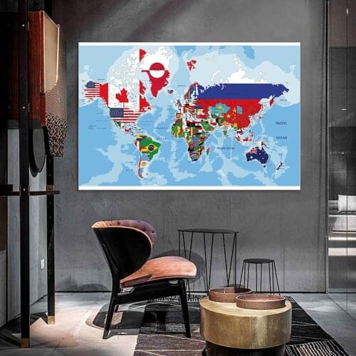 130*90cm The World Map National Flags Canvas Painting Wall Art Poster Living Room Home Decoration School Supplies
