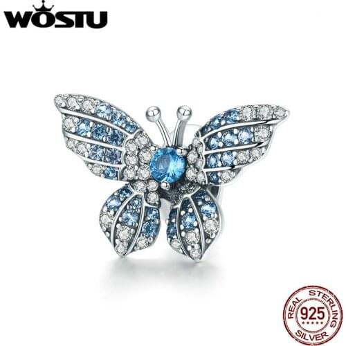 WOSTU 925 Sterling Silver Butterfly Beads Blue Zircon Charm Fit Original Bracelet Pendant For Women Jewelry Accessories CTC061