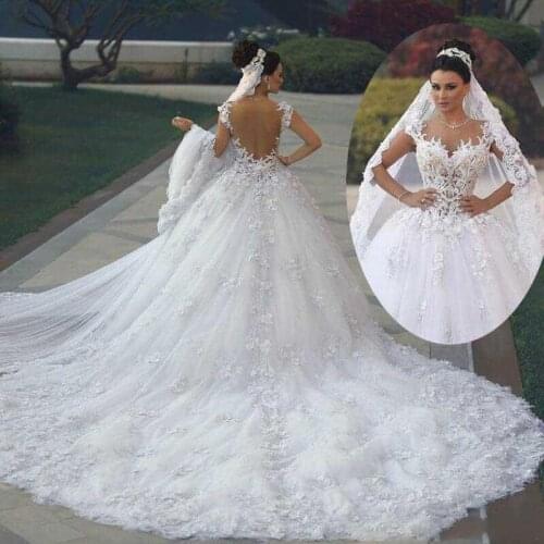 A Line Wedding Dress Luxury Lace Appliques Long Ball Gown Bridal Dress Custom Make V-Neck robe de mariee