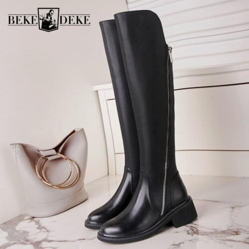 Euro Winter New Brand Thick Bottom Womens High Boots Genuine Leather Cowhide Fleece Lining Round Toe Female Long Knight Boots
