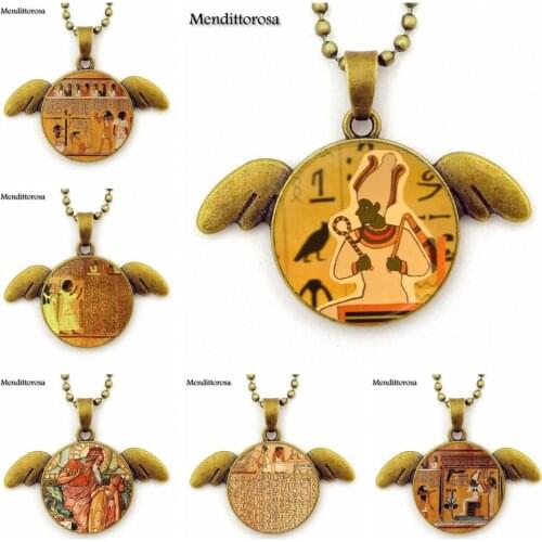 Gothic Egyptian Lord Of The Underworld Anubis Jewelry With Glass Cabochon Choker Long Bronze Angel Wings Pendant Necklace