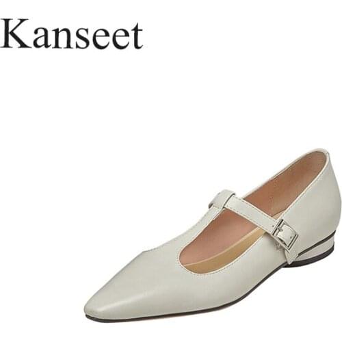 Kanseet New Arrival Women Shoes Spring Autumn T-Buckle Strap Genuine Leather Fashion Round Heel Handmade Shallow Low Heels Pumps