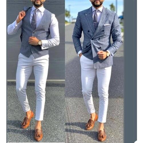 Classic Men Tuxedos Custom Made Peaked Lapel Stripe Suits Double Breasted Daily Smart Casual Blazer 2 Piece Set (Vest + Jacket)