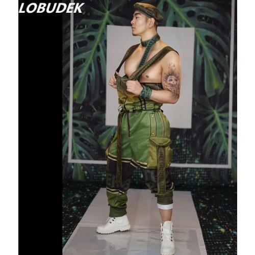 Bar Nightclub Men Women DJ DS Costume Army Green Loose Rompers Jumpsuit Hip Hop Stage Performance Outfit Dance Team Jazz Costume
