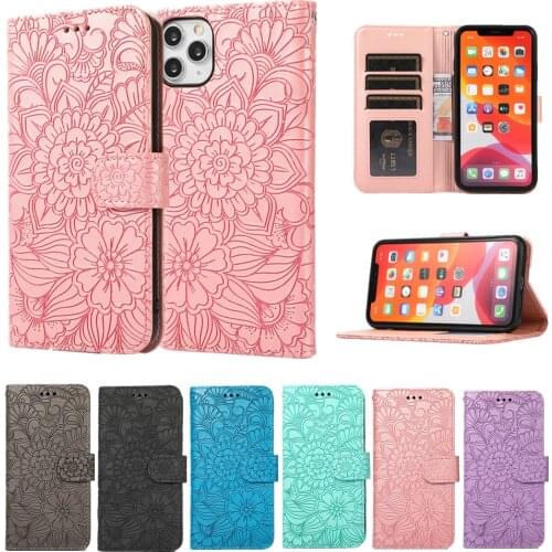 Embossed Leather Case for iPhone 11 12 Pro Max X XS XR 6 7 8 Plus SE 2020 Wallet Fundas Card Slot Bracket Full Protection Cover
