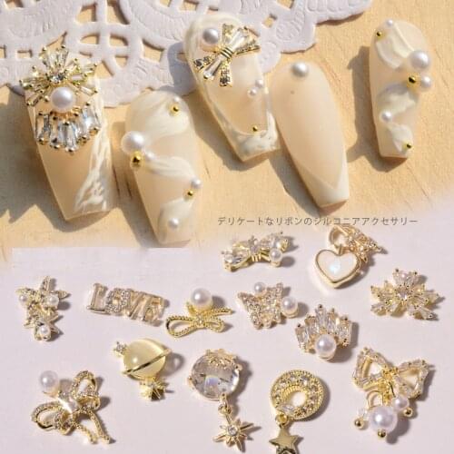 3D Metal Zircon Nail Art Bow Decoration Crystal Chain Pendant Pearl Micro Diamond Nail Jewelry Salon Supplies Nail Tools