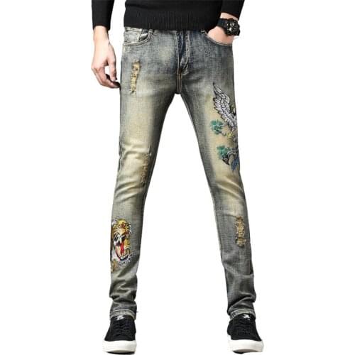 New Fashion Brand Mens Patches Jeans Male Eagle Tiger Embroidery Hole Slim Pants Vintage Ripped Stretch Denim Skinny Jeans