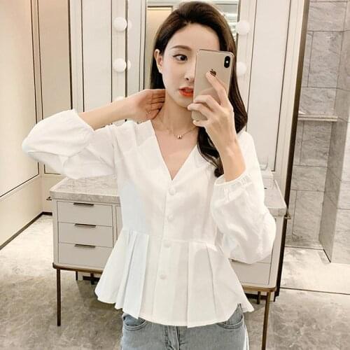 Autumn Ladies Casual Harajuku Slim Ladies Solid Color V-neck Button Sexy Shirt Fashion Chiffon White Tops Long Sleeve Top Crops