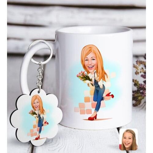 Personalized Women 'S Caricature Of White mug And Keychain Gift Seti-13