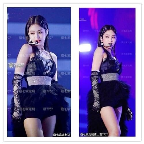 Kpop Korean Celebrity Black Sexy Strapless Backless Lace Gloves Vest Tops+Perspective Mesh Long Skirts Slim Shorts Women Outfits