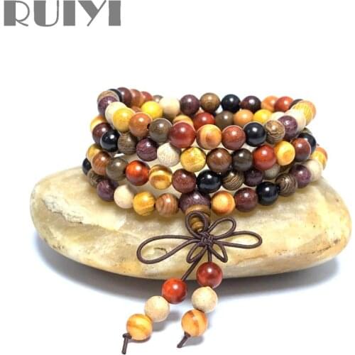 Ruiyi 108 Sandalwood Multi Color Mala Beads Buddhist Prayer Beads Wrap Bracelet Meditation Mala Necklace