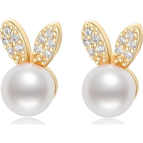 Lnngy 14K Gold Filled Stud Earrings 6-6.5mm Natural Freshwater Pearl Bunny Stud Earrings Women Party Earrings Fine Jewelry Gifts