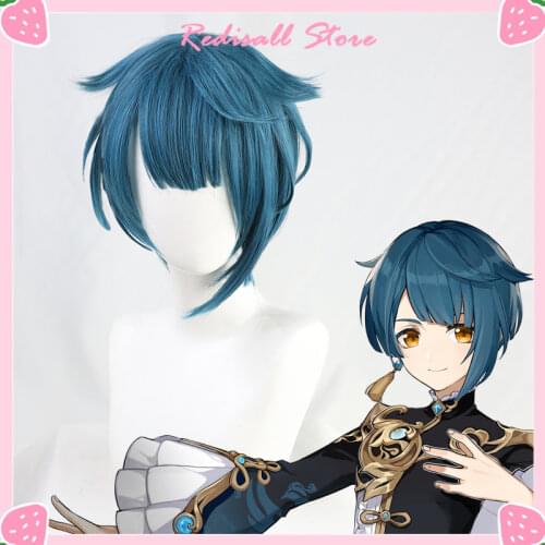 Genshin Impact Xingqiu Xing Qiu Cosplay Synthetic Wig Short Blue Short Heat Resistant Hair Adult Men Women Halloween Free Cap