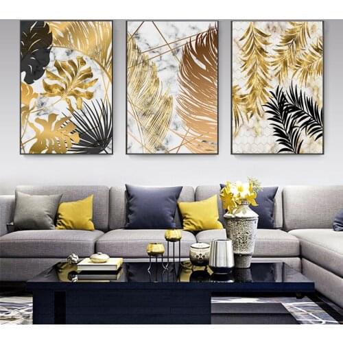 Nordic plants Golden leaf canvas painting posters and print wall art pictures for living room bedroom dinning room modern decor