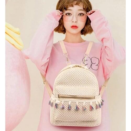 Straw Women Backpack Weave Tassel Summer Beach Female Shoulder School Bag