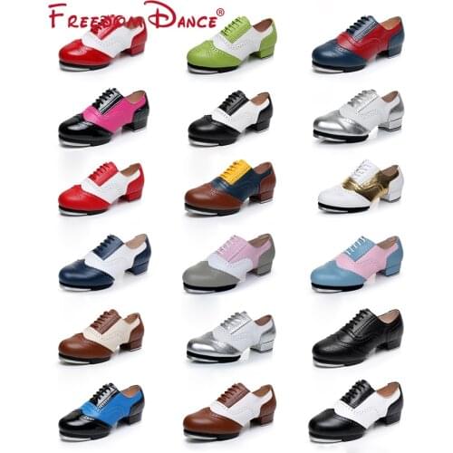 Spell Color Engraving Hollow Women Men Genuine Leather Lace-Up Tap Dance Shoes Vintage Quality Split Soles Tap Dancing Shoes