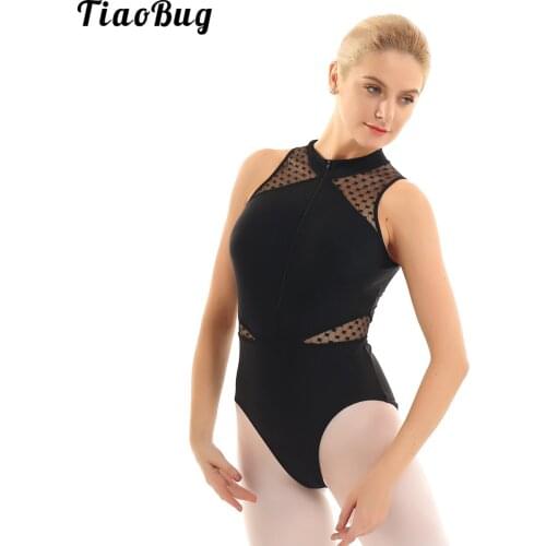 TiaoBug Women Ladies Ballet Leotard High Neck Sleeveless Mesh Splice Shoulder And Waist Front Zippered Gymnastics Bodysuit