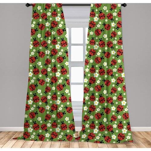 Spring Curtains Floral Ornament of Ladybugs Spring Flowers Daisies Camomiles in Blossom Window Curtains for Living Room Bedroom
