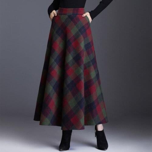 Vintage Plaid Long Skirt For Women Streetwear Elastic High Waist Pocket British Style Woolen A-Line Skirt Tartan Umbrella Skirt