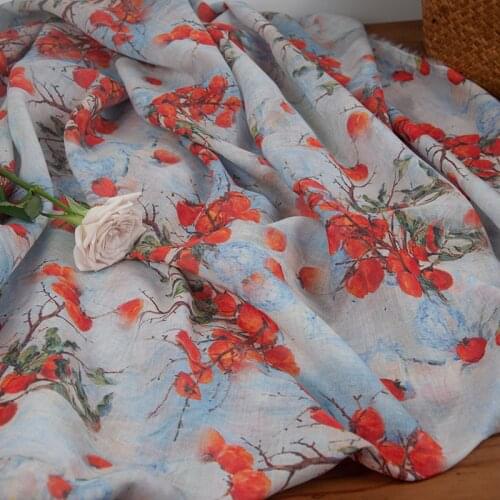 High quality natural pure ramie fabric Red persimmon printed fabric for dress Fashionable womens dress robe cheongsam tissu