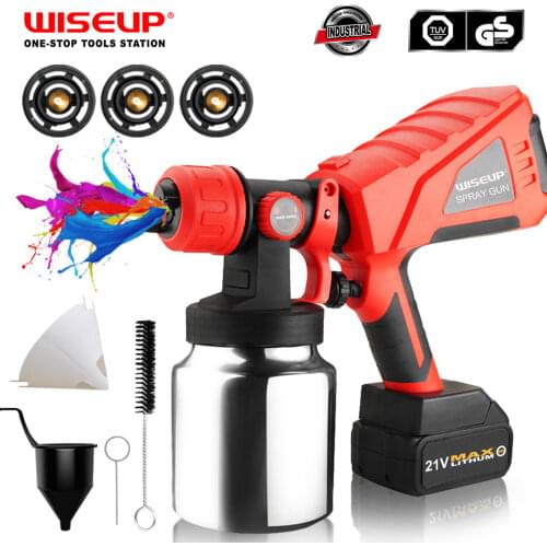 WISEUP 21V Electric Spray Gun HVLP Cordless Paint Sprayer Airbrush With 3 Spray Patterns Adjustable Valve Knob 1500mAh Battery