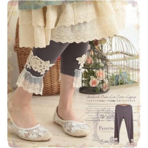 Japanese Princess Lolita Bohemian Embroidery Patchwork Vintage Mori Girl Boho Sweet Lace Up Pencil Pants Trousers Women Legging