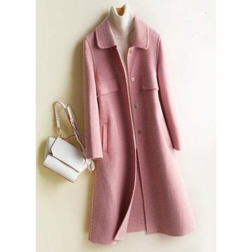 Fad New Autumn Winter Plaid Long Cashmere Jacket Elegant 100% Wool Coat Women Fashion Ladies Slim Coats A071