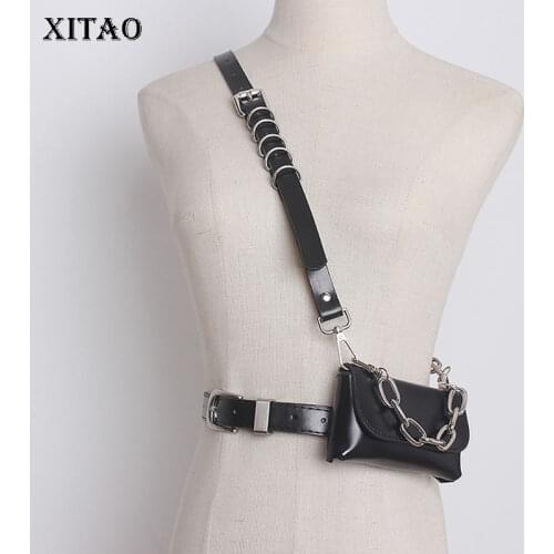 XITAO Fashion Black Mini Waist Pack Pu Splicing Metal Chain Women Summer New Personality Street Trendy All-match LDD2106