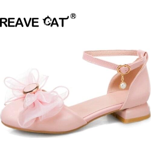 REAVE CAT New 2021 Women Flat Shoes Round Toe Buckle Bowtie Sweet Cute Stylish Pearl Soft Comfy Big Size 31-43 Casual A3745