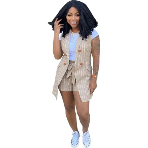 2 Piece Sets Women Sleeveless Stripe Button Up Elastic Waist Blazer Top And Short Set Elegant Office Ladies Suits Women Workwear