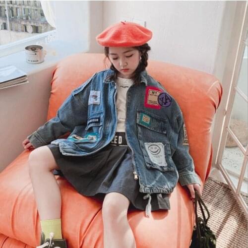 2021 Korean style girls denim patchwork coat fashion long sleeve autumn girls coat 4-9t B715