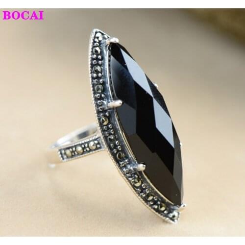 BOCAI 100% S925 Sterling Silver Rings for Women Fashion Personality Black Agate Jewelry Pure Argentum Gemstone Hand Ornaments