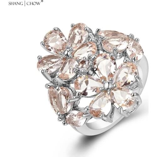 Romantic Charm Huge Flower Jewelry with Morganite Stone 925 Sterling Silver Ring for women BALL GOWN Accessories