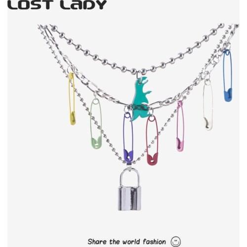 Lost Lady Fashion Colorful Pin Lock Pendant Necklace For Women Metal Statement Necklace Wholesale Jewelry Party Wedding Gifts