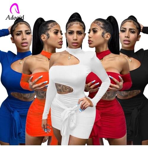 One Shoulder Women Mini Dress Solid Long Sleeve Hollow Out 2021 Autumn New Bow Tie Bodycon Dress Sexy Night Club Party Vestidos