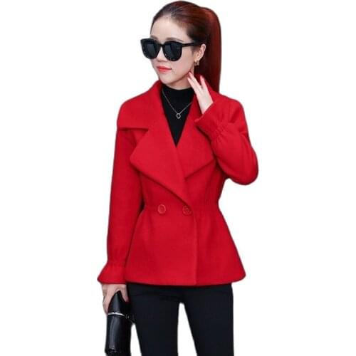 150cm Small Woman Jacket Blended Woolen Coat Autumn Winter Short Woolen Coat Korean Style Thick Slim Red Outerwear Female Tops