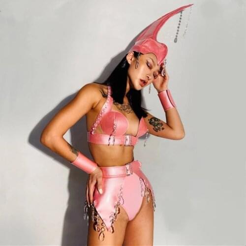 PU Leather Crystals Pink 6 Pieces Dance Outfits Sexy Bar Party Stage Costume Women Sets Nightclub DJ Singer Team Catwalk Clothes