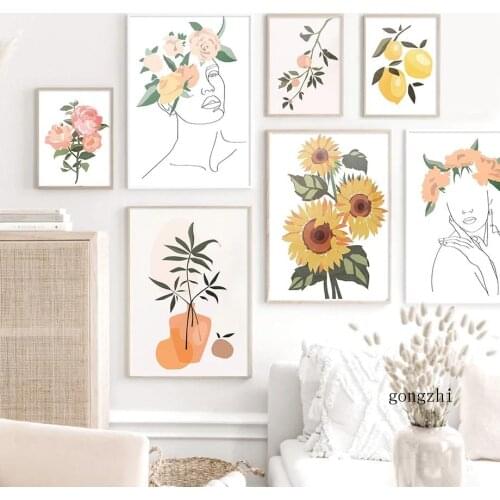 Abstract Sunflower Girl Wall Art Canvas Painting Nordic Minimalist Fruit Plant Posters and Prints Pictures for Living Room Decor